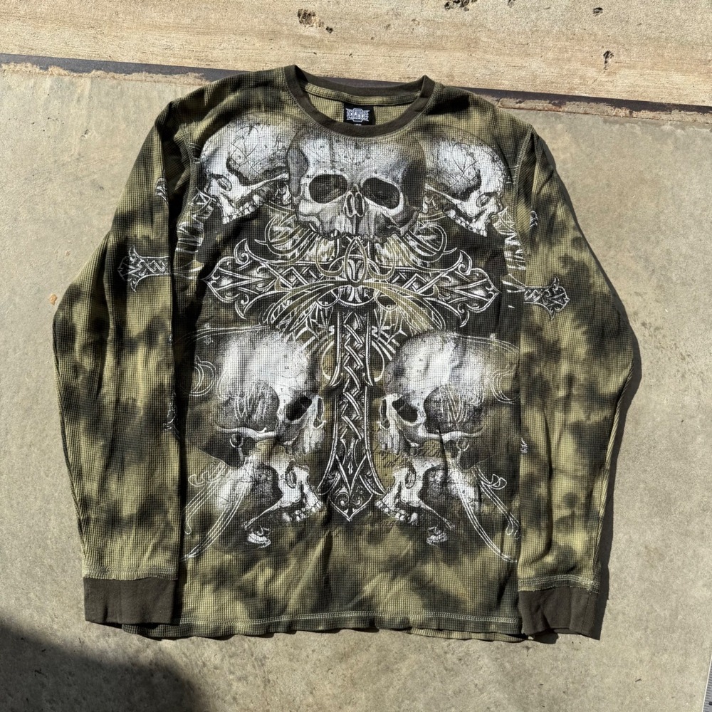 MMA Elite Mens Large Thermal Shirt Skulls Cross Tie Dye Olive‎ Green Long Sleeve